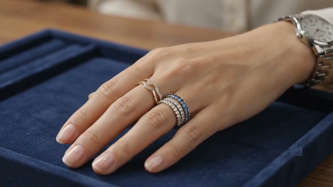 Presentación editorial de joyería sobre terciopelo azul